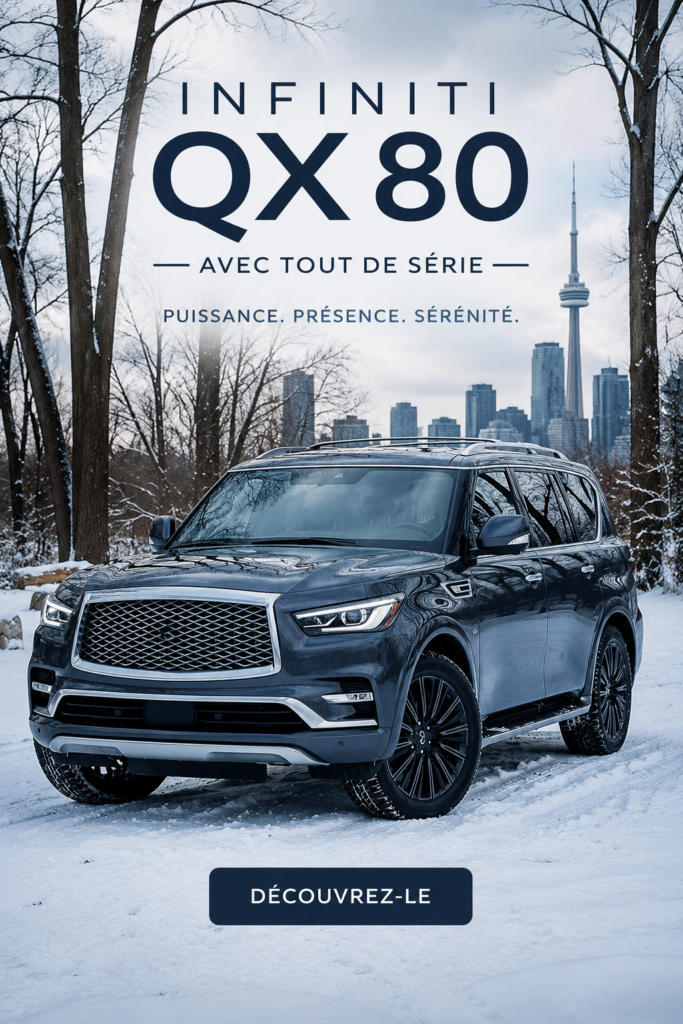 Vue latérale d'un INFINITI QX80 sur une route, mettant en avant son design élégant.