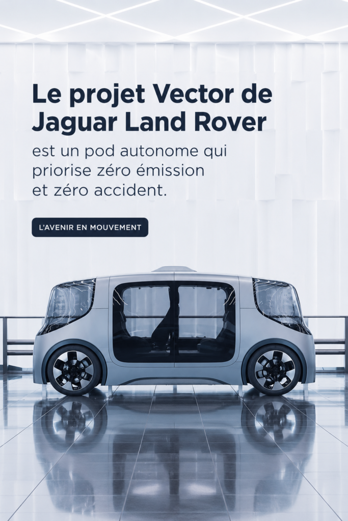 Pod autonome de Jaguar Land Rover en pleine ville, affichant un design futuriste et une technologie avancée.