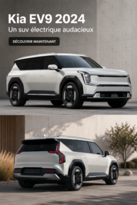 Kia EV9 2024, un SUV électrique audacieux devant une ville moderne.