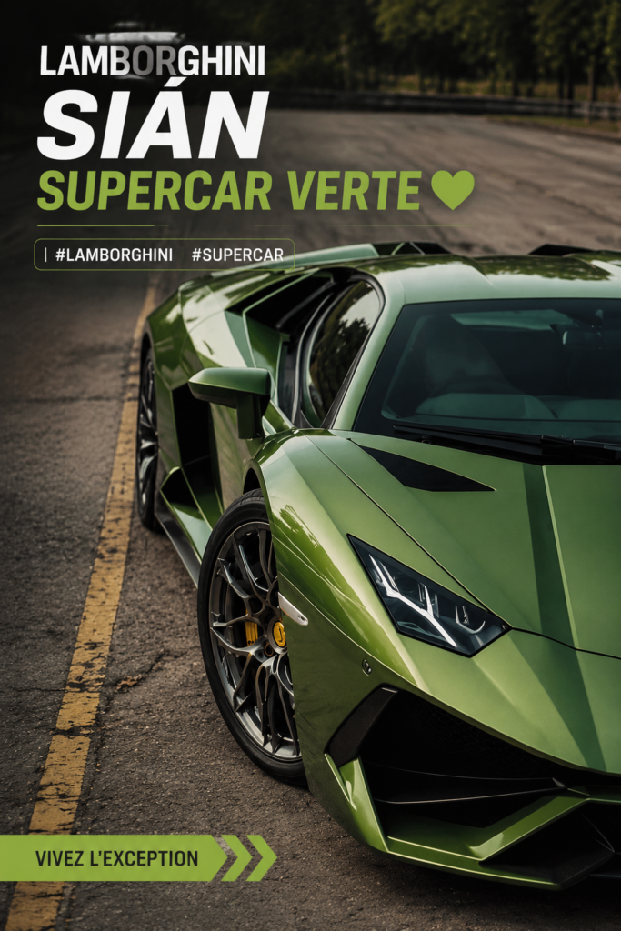Lamborghini Sián de couleur verte garée sur une route, mettant en avant son design aérodynamique innovant.