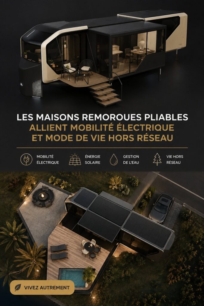 Maison remorquable moderne avec un design innovant et des équipements écologiques.