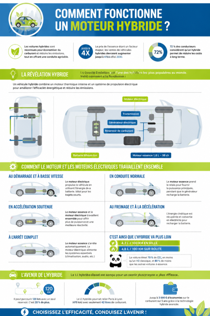 Visuel d'une voiture hybride moderne sur une route urbaine, représentant l'innovation automobile.