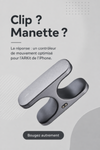Une femme utilisant un iPhone avec un motion controller pour une expérience AR immersive.