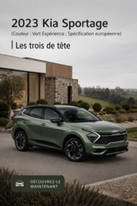 Kia Sportage 2023 en couleur Experience Green sur un fond urbain.