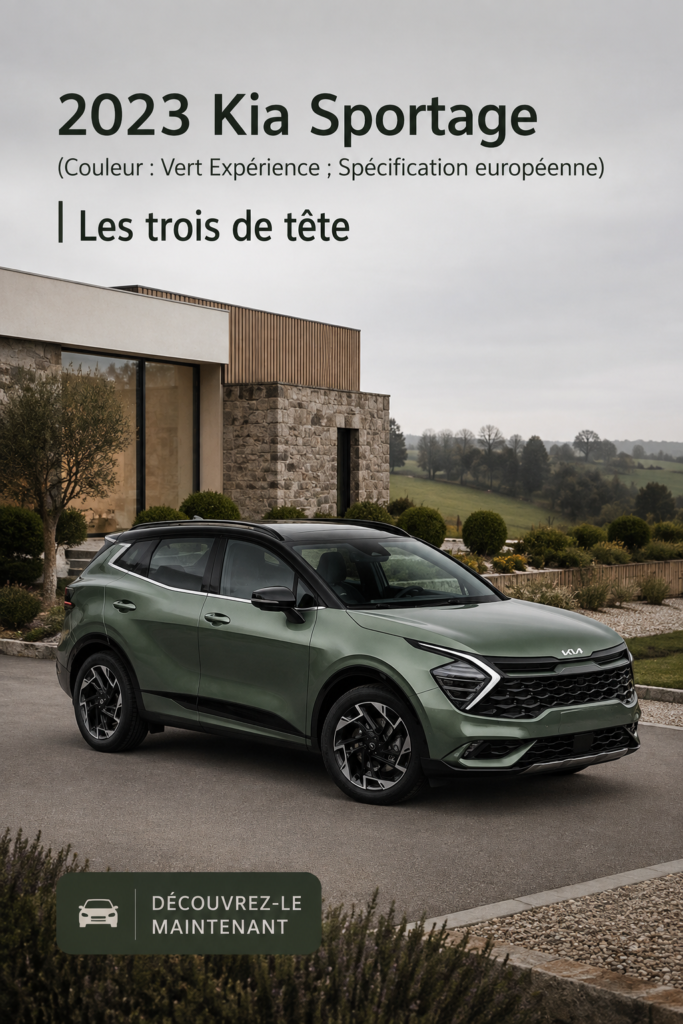Kia Sportage 2023 en couleur Experience Green sur un fond urbain.