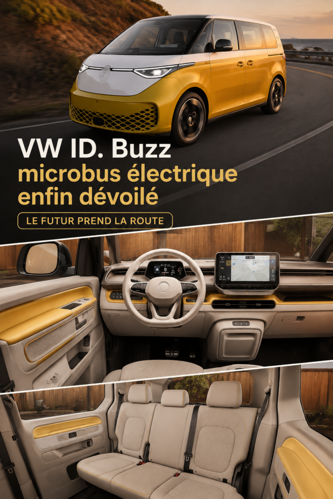 Volkswagen ID. Buzz électrique avec un design rétro sur un fond urbain.
