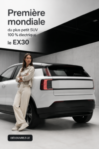 Nouveau Volvo EX30, un SUV tout électrique moderne et compact sur fond urbain.