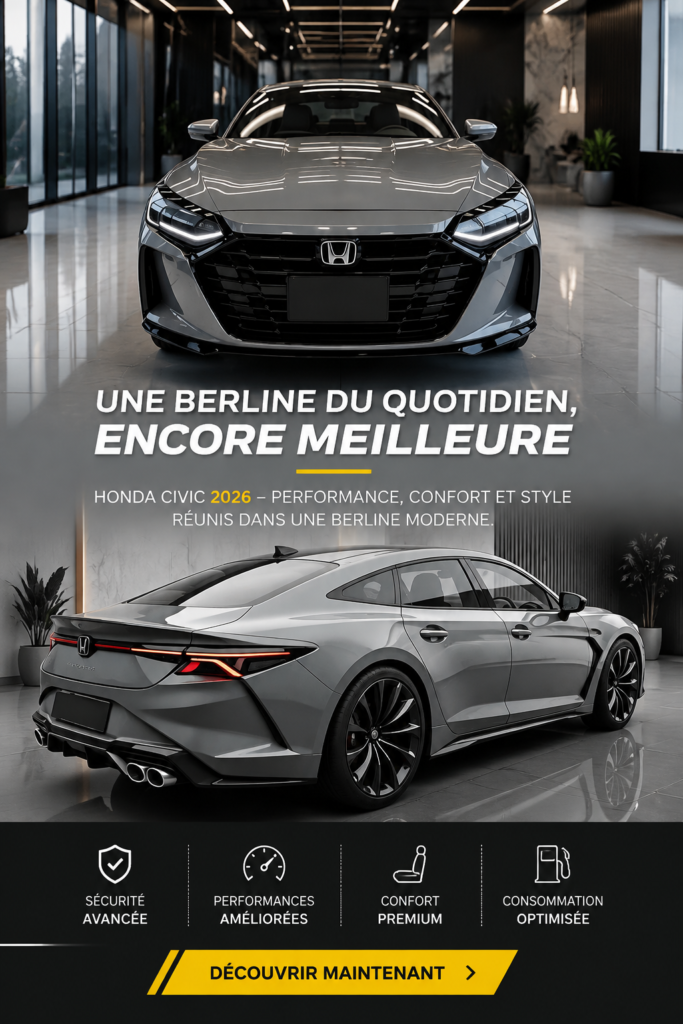 Vue latérale de la Honda Civic 2026, modèle amélioré, en pleine rue.