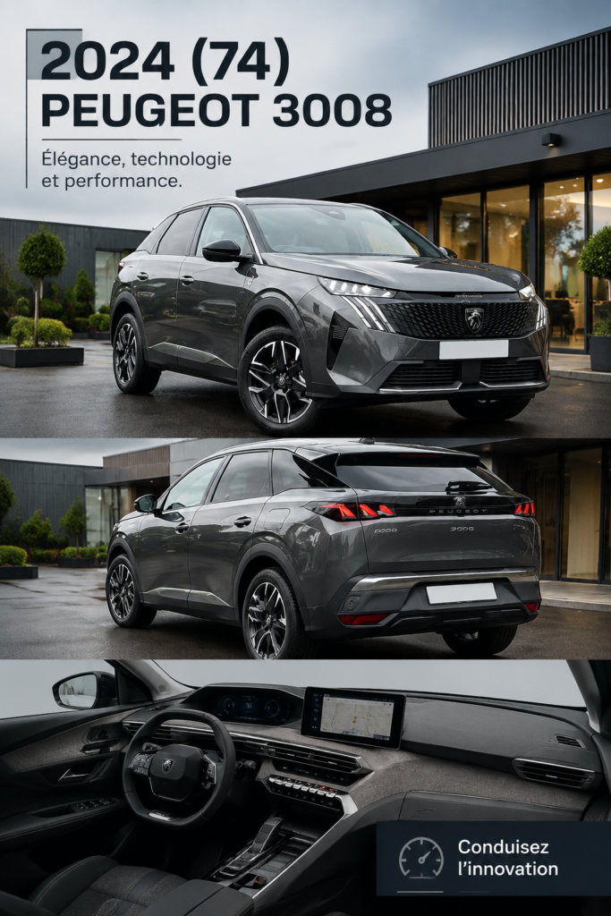 Vue avant de la nouvelle Peugeot 3008 électrique 2024 avec un design élégant.