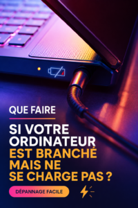 Femme utilisant un ordinateur portable branché sans charger, perplexe face à un écran vide.
