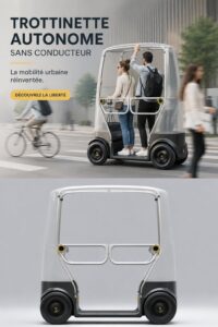 Image d'un scooter autonome circulant dans une ville moderne, illustrant l'innovation technologique en mobilité.
