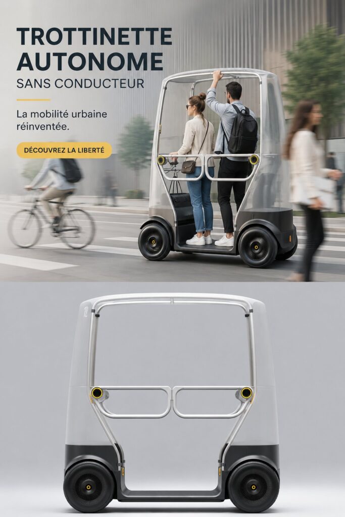 Image d'un scooter autonome circulant dans une ville moderne, illustrant l'innovation technologique en mobilité.