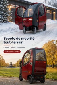 Un scooter tout-terrain moderne sur un sentier boisé, illustrant la mobilité accessible