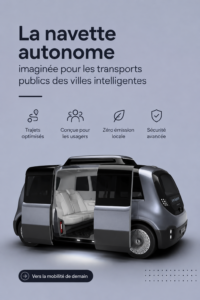 Un shuttle autonome dans une ville intelligente, illustrant les transports publics modernes.