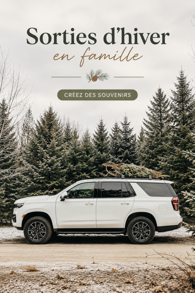 Une famille souriante vêtue d'habits d'hiver en train de profiter d'une sortie en plein air.