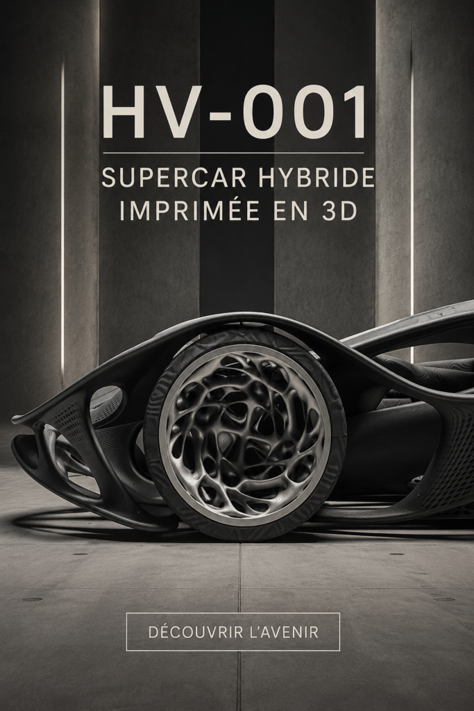 Supercar hybride imprimée en 3D sur fond neutre, mettant en avant son design futuriste et innovant.