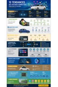 Une voiture connectée sur la route avec des technologies avancées intégrées.