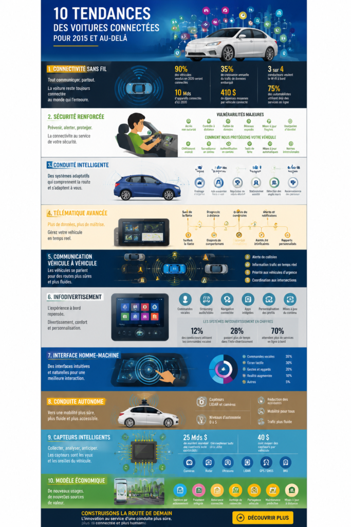 Une voiture connectée sur la route avec des technologies avancées intégrées.