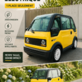 Une femme souriante au volant d'un tiny EV, une voiture électrique compacte adaptée à la ville.
