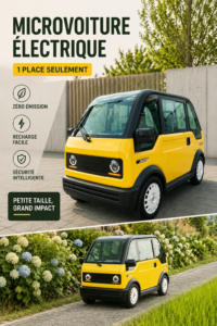 Une femme souriante au volant d'un tiny EV, une voiture électrique compacte adaptée à la ville.