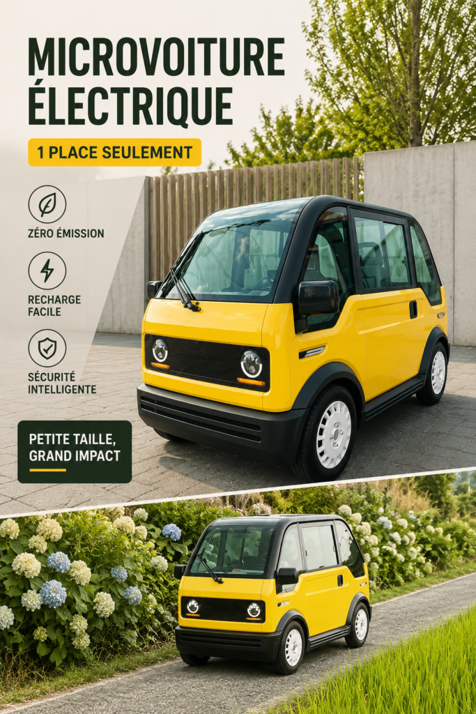Une femme souriante au volant d'un tiny EV, une voiture électrique compacte adaptée à la ville.