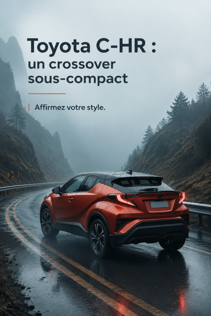 Toyota C-HR, un crossover moderne et élégant garé devant un paysage urbain.