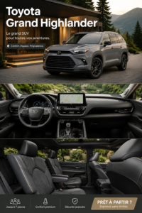 Toyota Grand Highlander garé dans un environnement familial, idéal pour les sorties en famille.