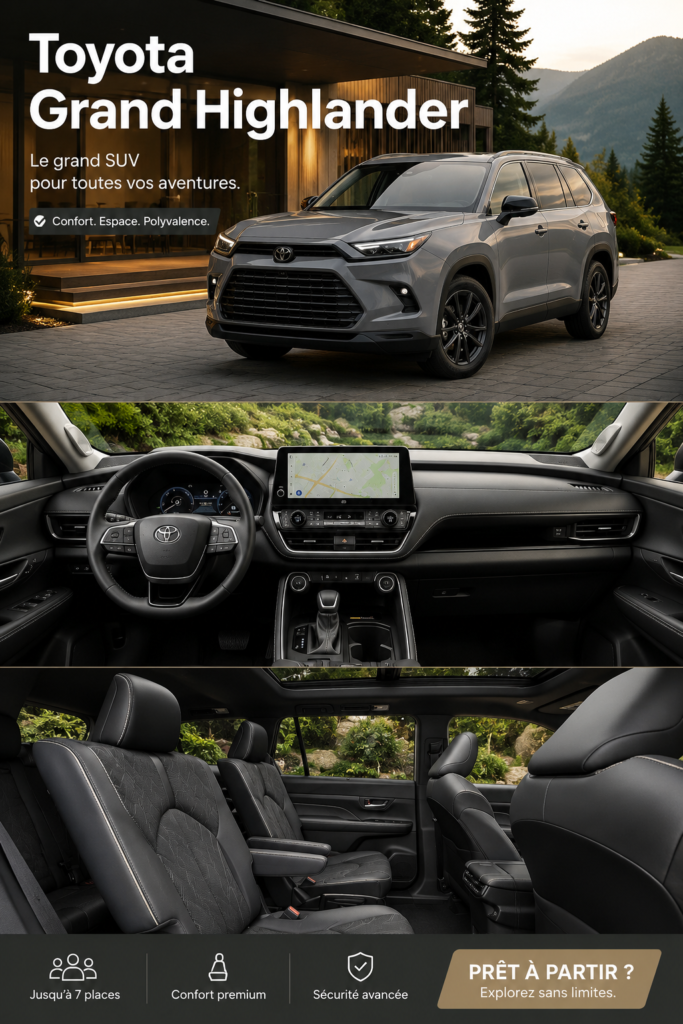 Toyota Grand Highlander garé dans un environnement familial, idéal pour les sorties en famille.