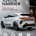 Vue de l'extérieur du nouveau Toyota Harrier 2025, un SUV de luxe moderne avec des lignes élégantes.