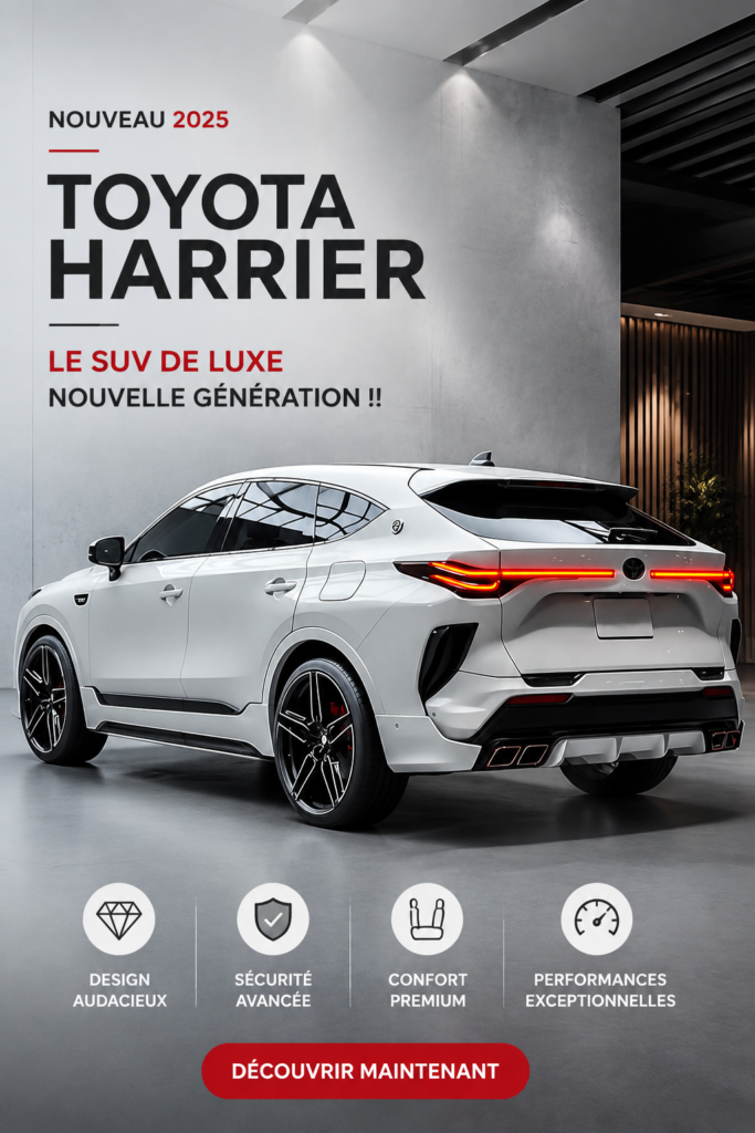 Vue de l'extérieur du nouveau Toyota Harrier 2025, un SUV de luxe moderne avec des lignes élégantes.