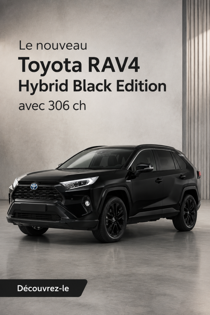 Toyota RAV4 Hybrid Black Edition en noir, vu de côté sur une route.