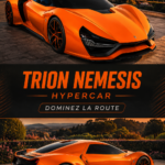La TRION NEMESIS, une hypercar électrique au design futuriste, sur une route sinueuse.