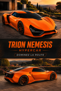 La TRION NEMESIS, une hypercar électrique au design futuriste, sur une route sinueuse.