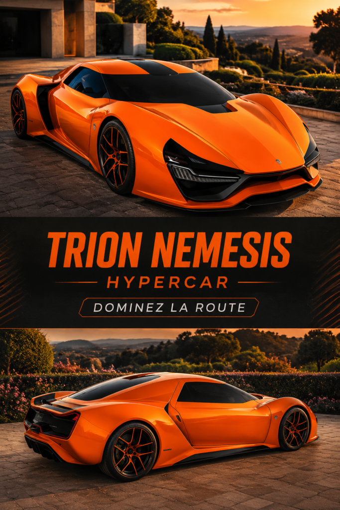 La TRION NEMESIS, une hypercar électrique au design futuriste, sur une route sinueuse.