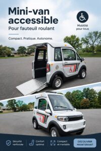 Un van adapté pour fauteuils roulants dans un cadre urbain accessible.