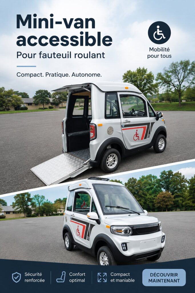 Un van adapté pour fauteuils roulants dans un cadre urbain accessible.