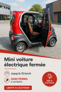 Une femme souriante conduisant un véhicule électrique sans permis sur une route panoramique.