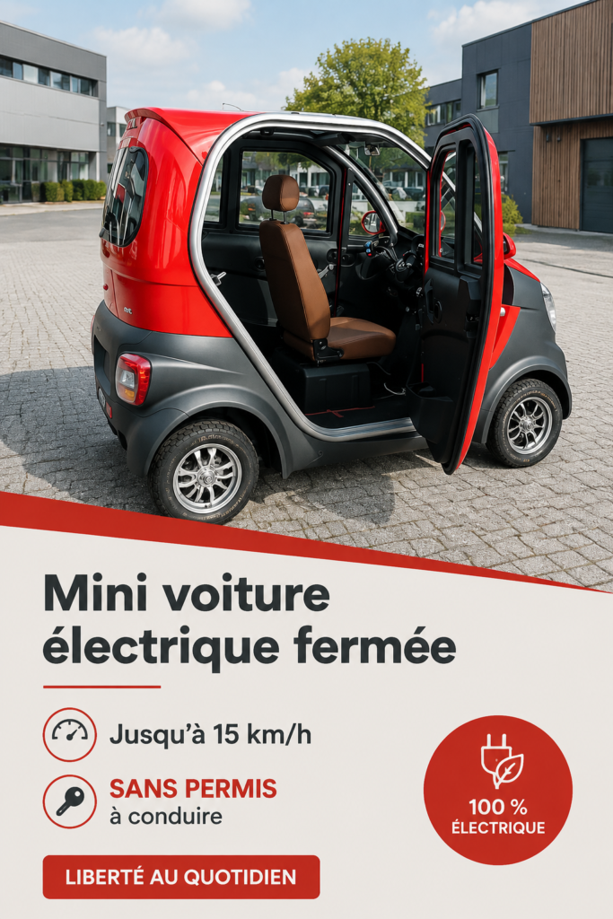 Une femme souriante conduisant un véhicule électrique sans permis sur une route panoramique.
