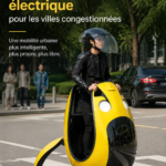 Voiture volante électrique de Hyundai survolant une ville moderne.
