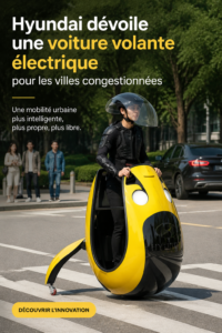 Voiture volante électrique de Hyundai survolant une ville moderne.