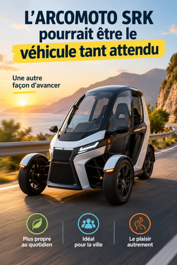 Vue de l'Arcimoto SRK sur une route urbaine, mettant en valeur son design moderne et compact