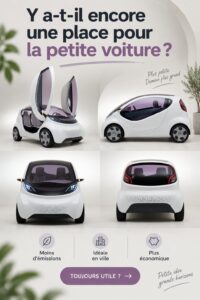 Image d'une petite voiture électrique moderne sur une route urbaine, soulignant l'innovation automobile.