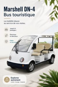 Le bus électrique Marshell DN-4 garé dans un cadre naturel, illustrant sa fonctionnalité pour les excursions.