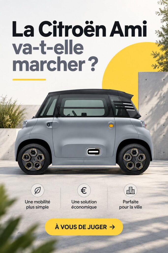 Vue extérieure de la Citroën Ami, une voiture électrique compacte et moderne.