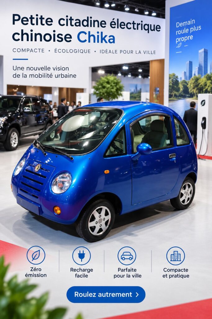 Vue d'ensemble du concept de voiture électrique Chika sur fond urbain.