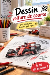 Dessin d'une voiture de course réalisé avec des crayons de couleur
