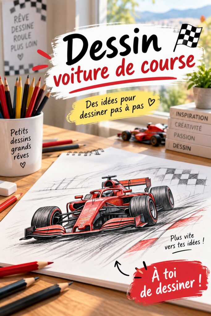 Dessin d'une voiture de course réalisé avec des crayons de couleur