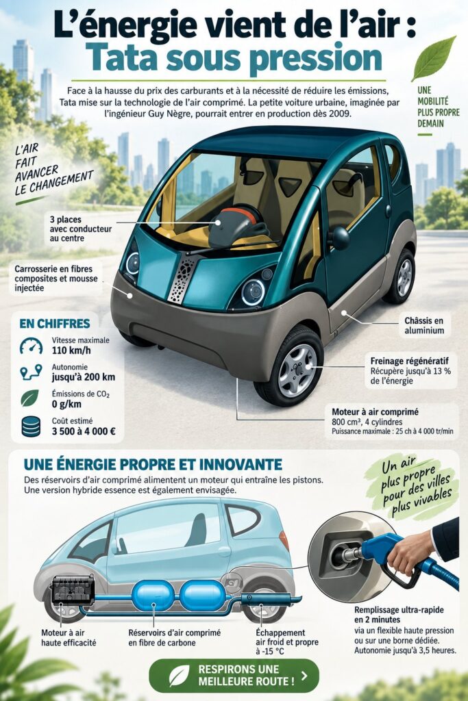 Image d'un prototype de voiture électrique Tata utilisant l'énergie de l'air.