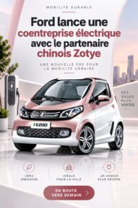 Une voiture électrique Ford collabore avec Zotye, symbolisant l'innovation automobile