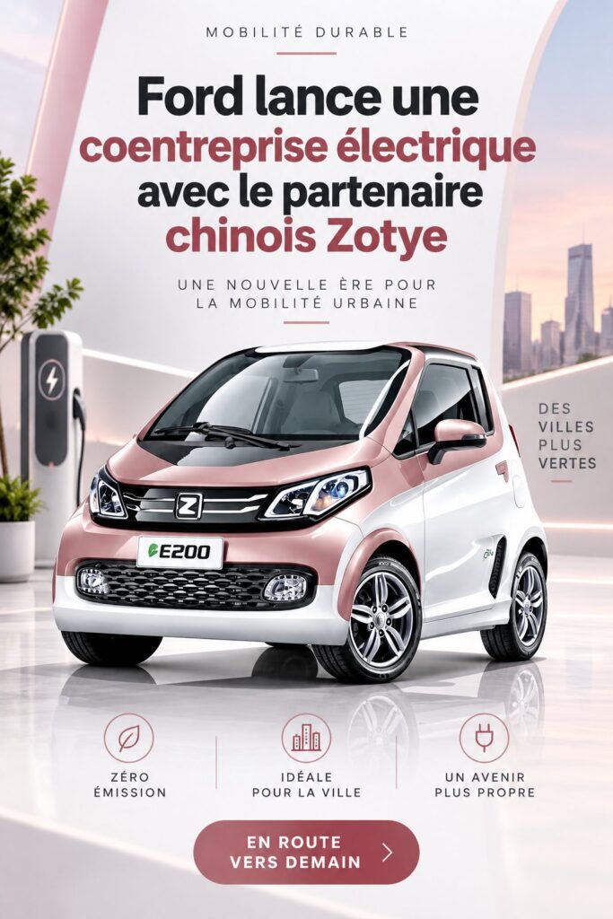 Une voiture électrique Ford collabore avec Zotye, symbolisant l'innovation automobile
